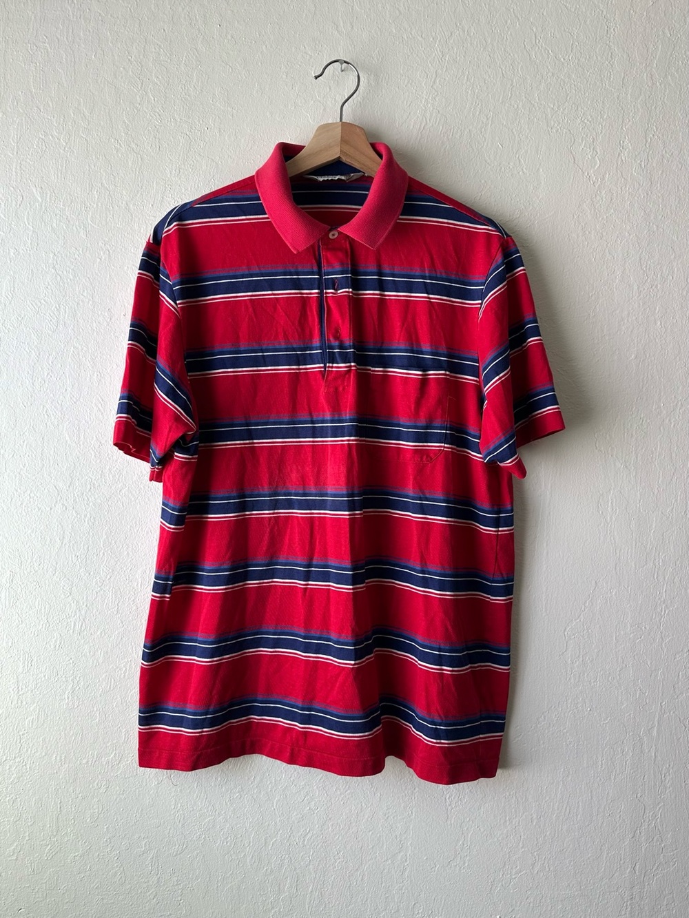 Vintage 1980s rhm classic red & navy blue striped polo shirt men’s large